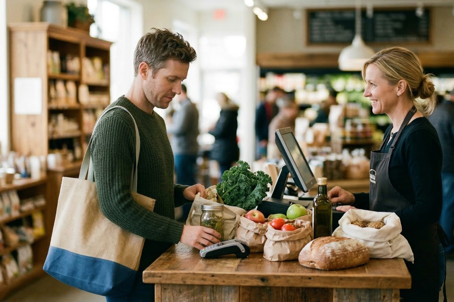 Customer and cashier interacting in a natural grocery checkout lane